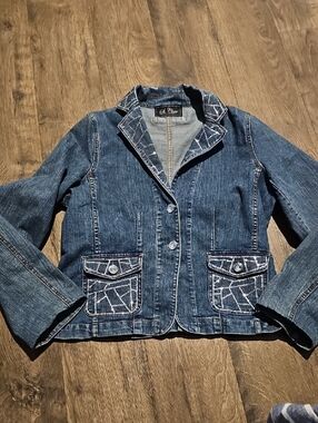 Embellish Jean Jacket Dark Blue Denim Blazer Vintage St Clair Small Rhinestone